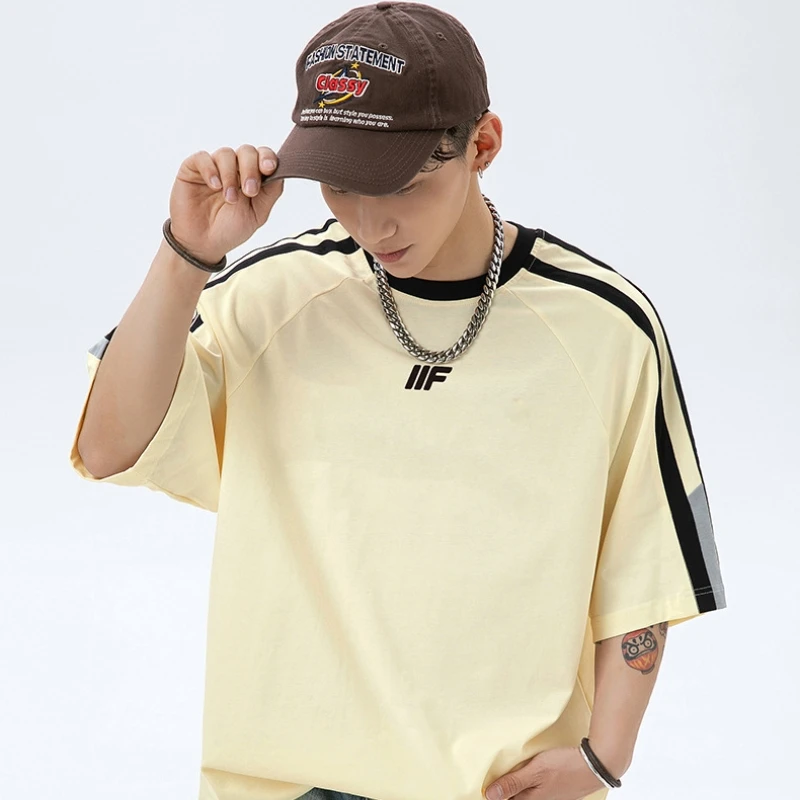 

American Casual Clashing Color Splicing Printed T-shirt Men's Summer Cotton Loose Half Sleeve Body Shirt Striped