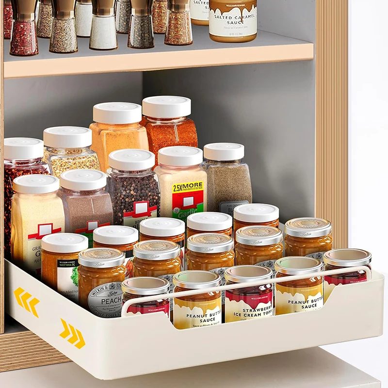 Kitchen Storage Rack with Slide Rails Pull-out Kitchen Drawer Type Storage Tray Spice Box Trays Storage Rack Cabinets Organizer