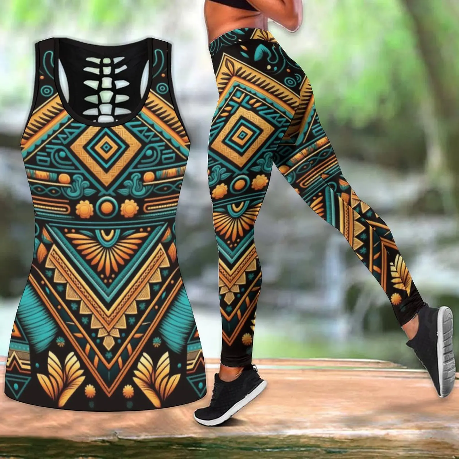 

Women's Summer New Aztec Geometric Print Sport Yoga Suit