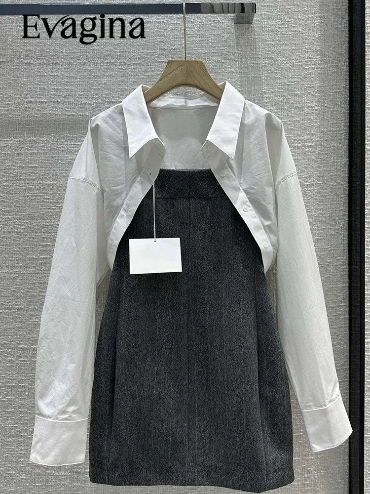 

Женский модельный костюм Evagina, короткая блузка с отложным воротником и длинным рукавом + платье-карандаш на бретелях-спагетти, осень
