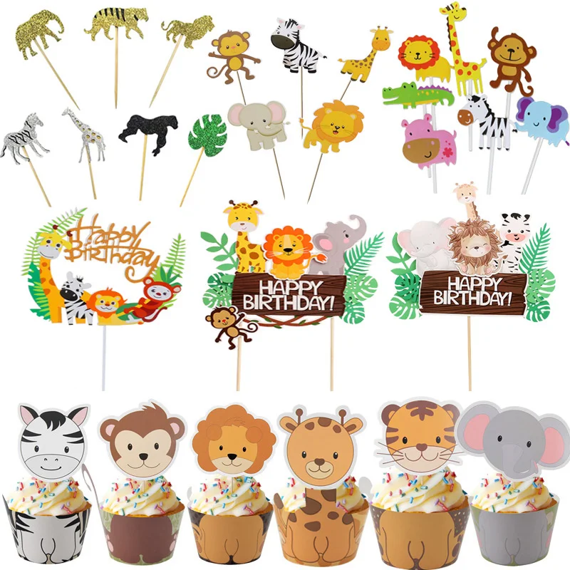 Cake Toppers Safari Animals Cartoon Giraffe Lion Zebra Cupcake Wrapper Jungle Themed Kids Boy Wild 1st Birthday Party Decoration