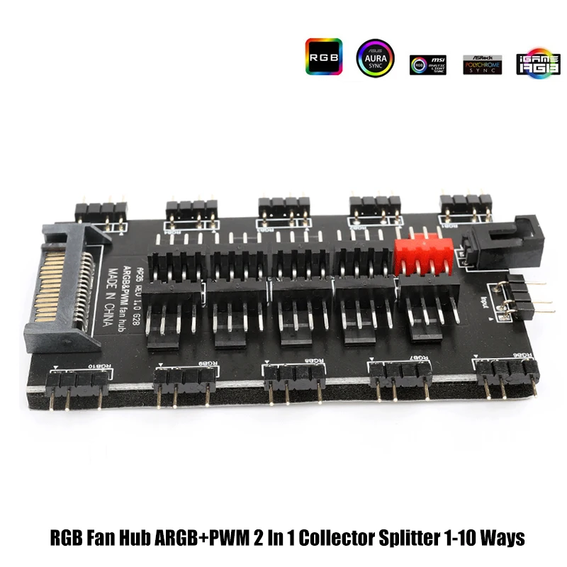 RGB 팬 허브 ARGB PWM 컬렉터 2 in 1 분배기, 2X 10방향 M/B 5V AURA SYNC, SATA 전원 커넥터