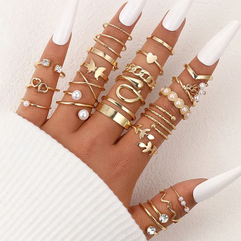 

22Pcs/Set Gold Color Heart Snake Rings Set For Women Vintage Butterfly Pearl Geometric Hollow Ring Fashion Wedding Party Jewelry
