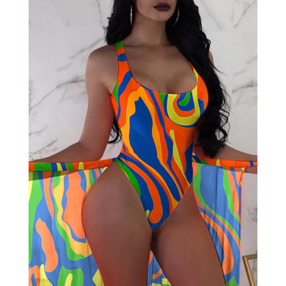 Summer Sexy Women Vintage Geometric Print One Piece Swimsuit With Cover Up Beach Two Pieces Set New in Swimsuit Vacation