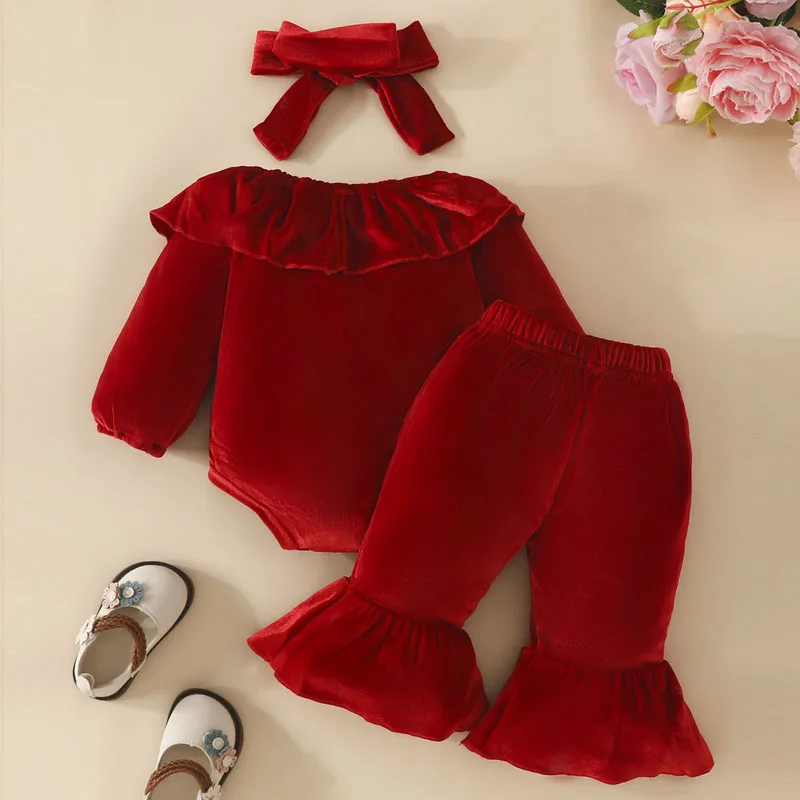 

Baby Girls Christmas Outfits Solid Color Doll Collar Long Sleeve Velvet Rompers Flare Pants Headband 3Pcs Fall Clothes Set