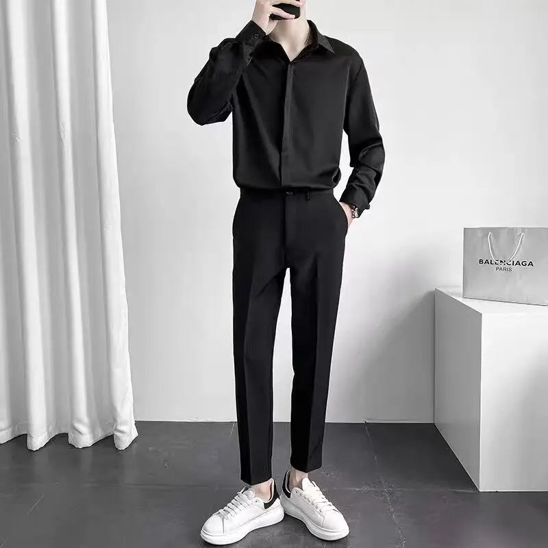 Spring Anti-Wrinkle Luxury Men Shirt Thin Solid Color Casual Loose Long Sleeve Smart Business Shirt Japanese Fashion Chic Blouse