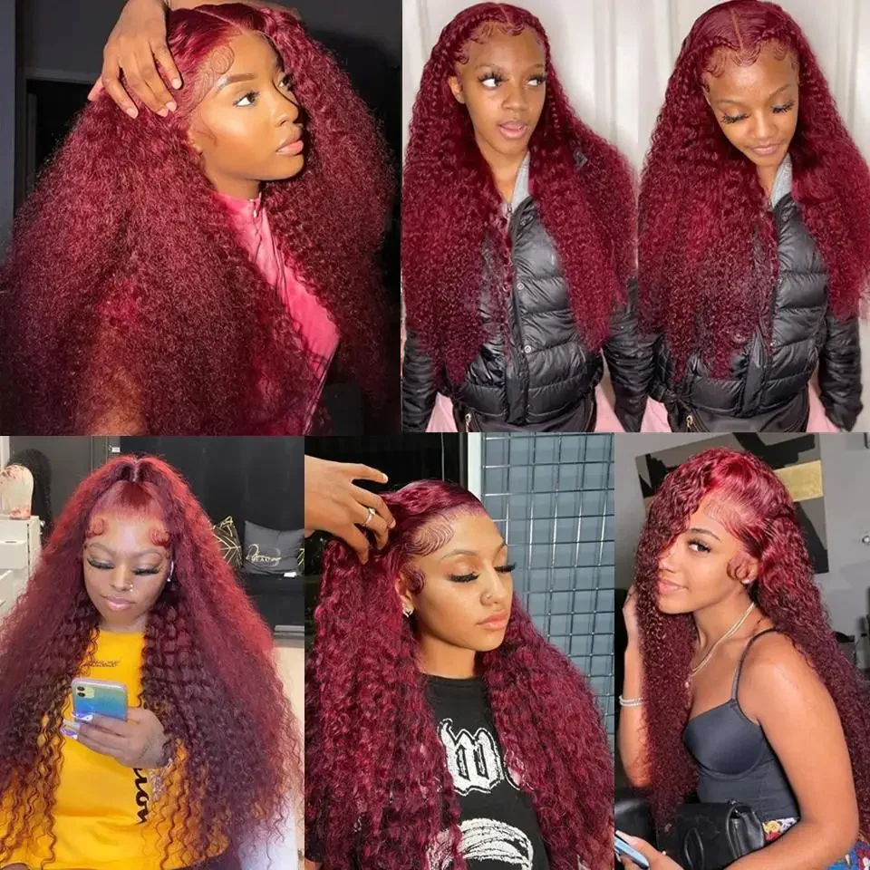 30Inch 99J Burgundy Deep Wave Lace Front Wig Human Hair 13x6 HD Transparent Lace Frontal Wig Pre Plucked Red Colored Curly Wig