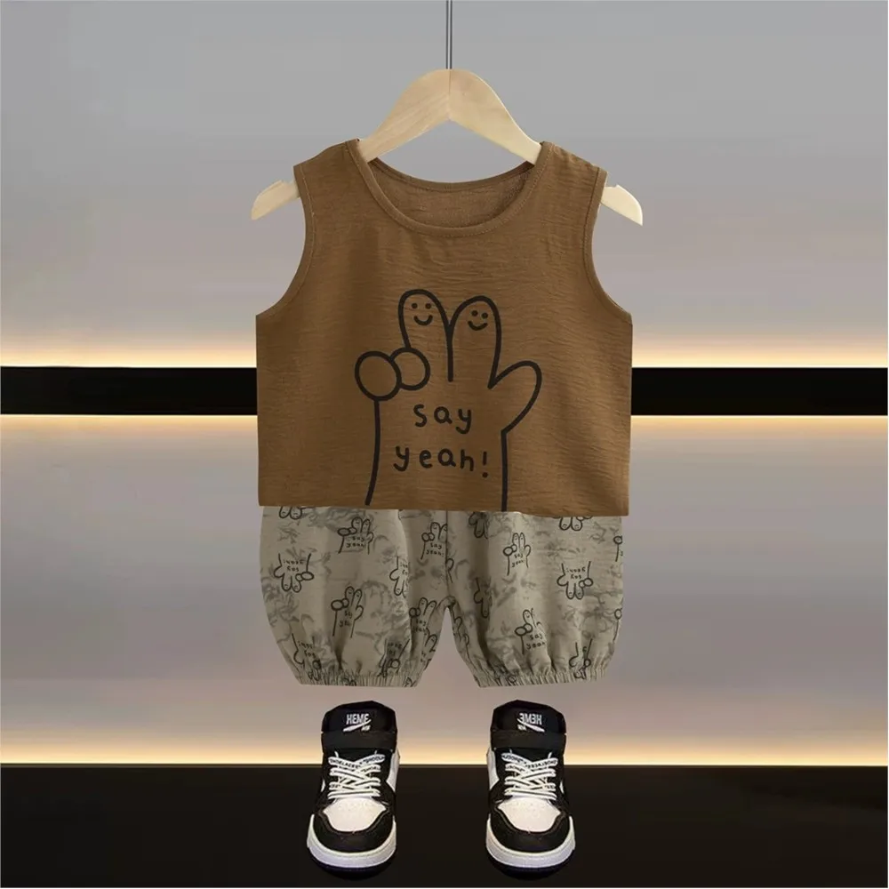 Kids "Say Yeah" Cartoon Hand Print Tank Top Shorts Set Toddler Boys Summer Outfit Sleeveless Vest with Pants Children's Clothing