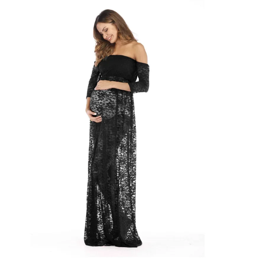 

Summer Pregnant Lace Dress Women Front Split Long Maxi Maternity Black&White Lace Dress Gown Photography Prop See Through Dress