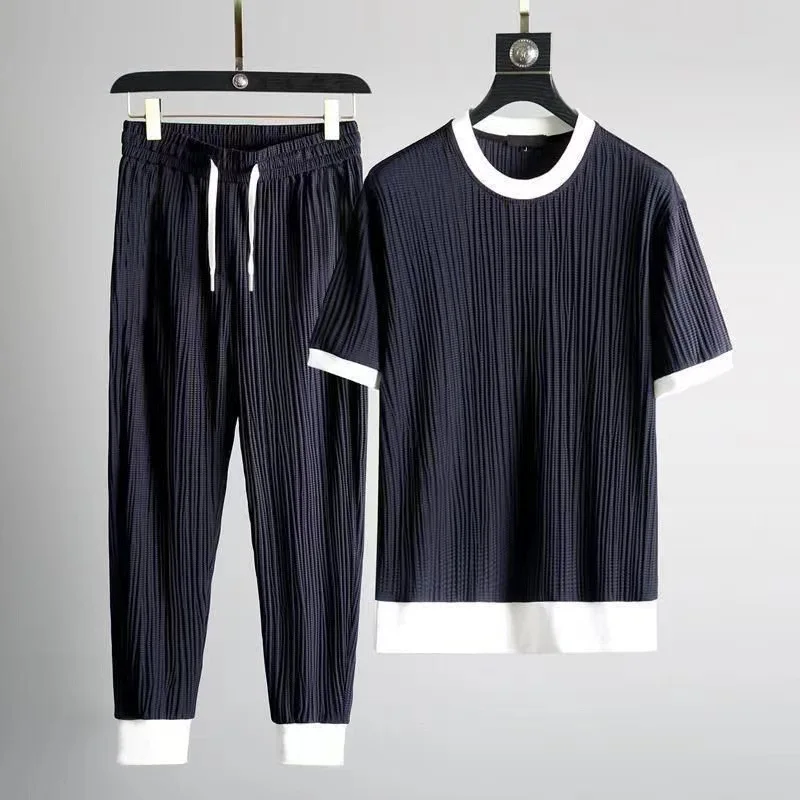 2024 Summer Ice Silk Casual Sports Suit Men's Pleated Thin t shirt + Pants Two Piece Set Men's High Quality Breathable Tracksuit