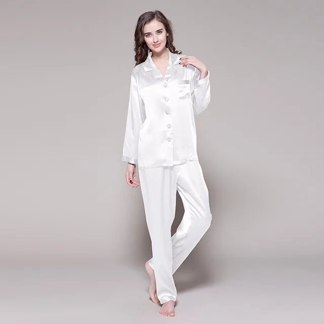 Silk Pajamas Set Women Pure 19 Momme Ladies Sleepwear Luxury Natural Full Length Women's Clothing Free Shipping White