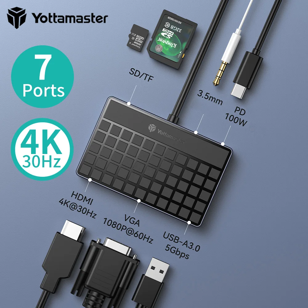 

Yottamaster USB C Hub Adapter 5in1 USB C Hub Multiport Adapter with 4K HDMI VGA 100W PD 3.5mm Audio Compatible with MacBook Pro