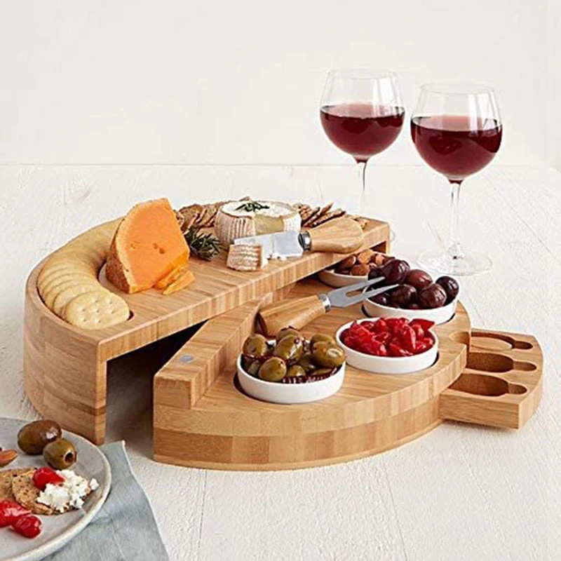 1Set Cheese Board Cutlery Cutter Set with Slide Out Drawer Cooking Tools Slicer Fork Scoops Cut Kitchen Storage