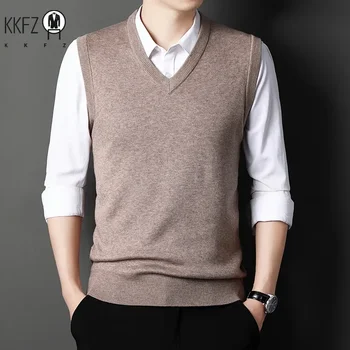 2024 Autumn Winter New Men's Solid Color V-neck Knitted Vest Casual Fashion Warm Sweater Versatile Top 2