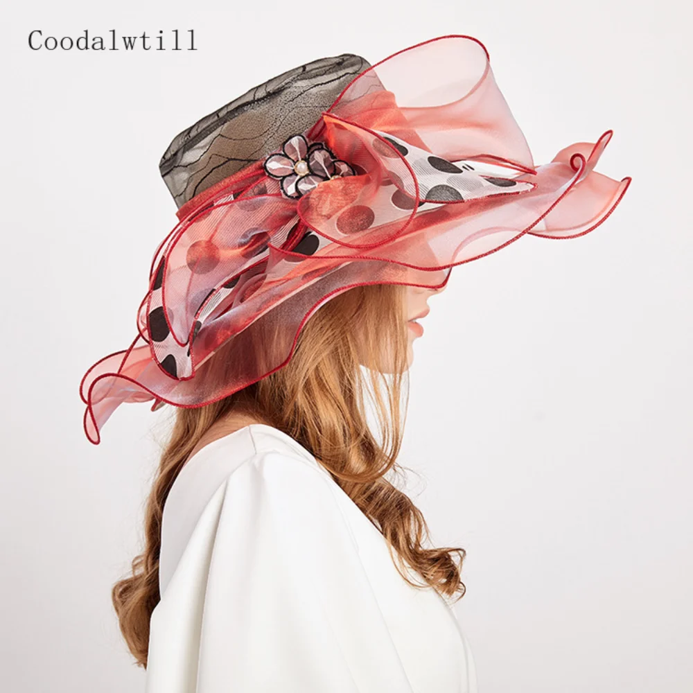 

Fashion Dot Organza Summer Hat Women Elegant Summer Beach Sun Hat Wide Brim Fascinator Hat For Party Kenducky Event Chapeau Cap