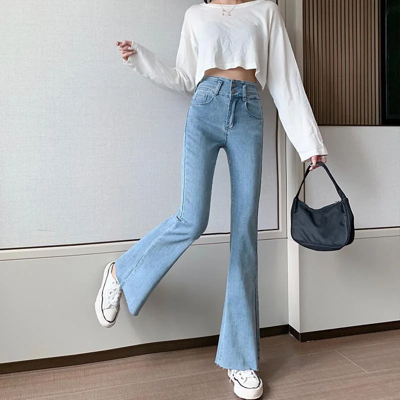 Classical Solid Jean Pop Bottom Pants Vintage Burrs High Waist Slim Flared Jeans for Women Two Button Denim Trousers Female 2021