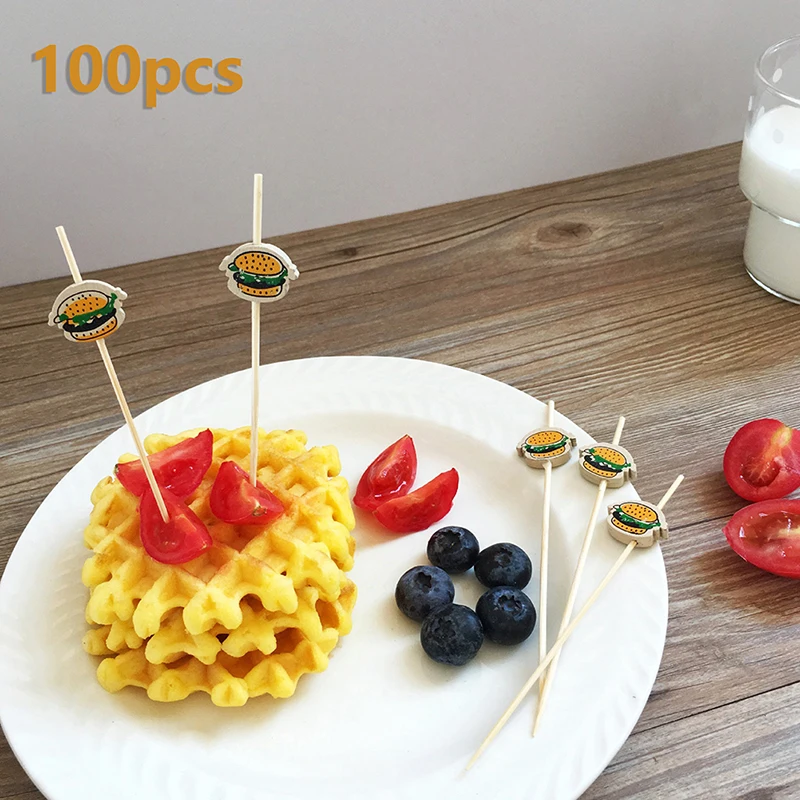 100Pcs/Pack Hamburger Garnish Bamboo Sticks Fruit Sticks Snack Skewers Party Buffet Bamboo Food Picks Sandwich Decor