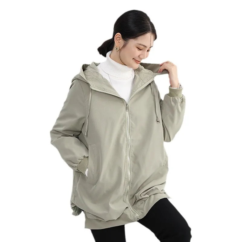 Women's New Spring/Autumn Hooded Jacket with Pockets, Loose-Fit, Korean Style, Front Short & Back Long, Elegant Windbreaker Coat