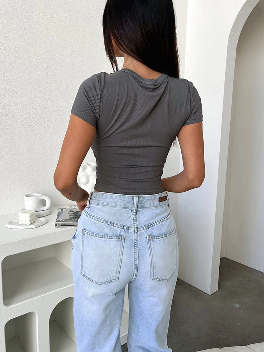 

Women Crop Henley T-Shirts Solid Color V Neck Summer Short Sleeve Tops Basic Pullovers for Streetwear