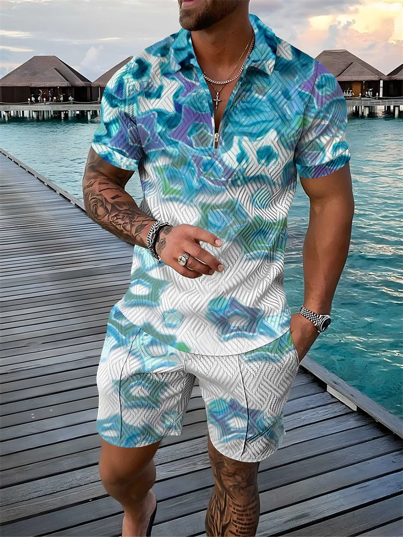 2023 Summer Men's Sportswear Fashion Short-sleeved Polo Shirt Set 3D Chain Print Clothing 2pcs Casual Comfortable Suit Street