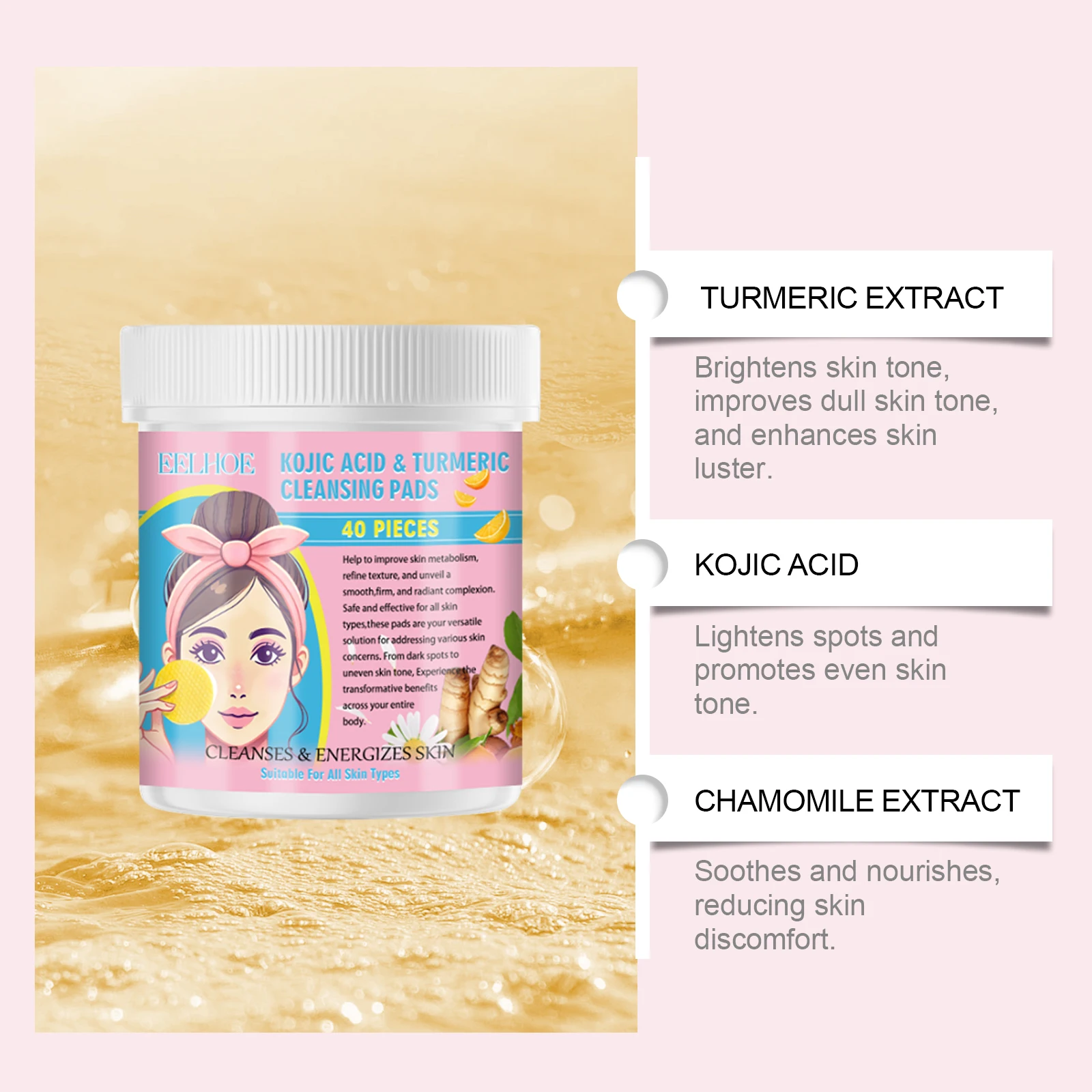 40pcs Turmeric Kojic Acid Facial Cleansing Pads Exfoliating Cleaning Remover Pores Dirt Moisturizing Daily Face Clean Skin Care 3