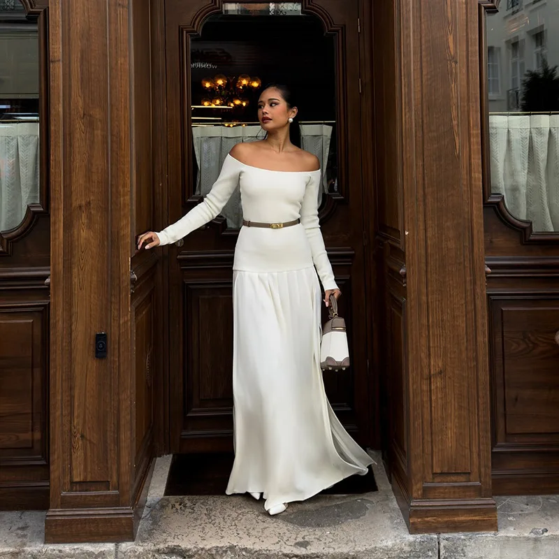 Off-Shoulder Fashion Patchwork Maxi Dress Women's Solid Elegant Commute Autumn Dress Female Backless Long Dress New