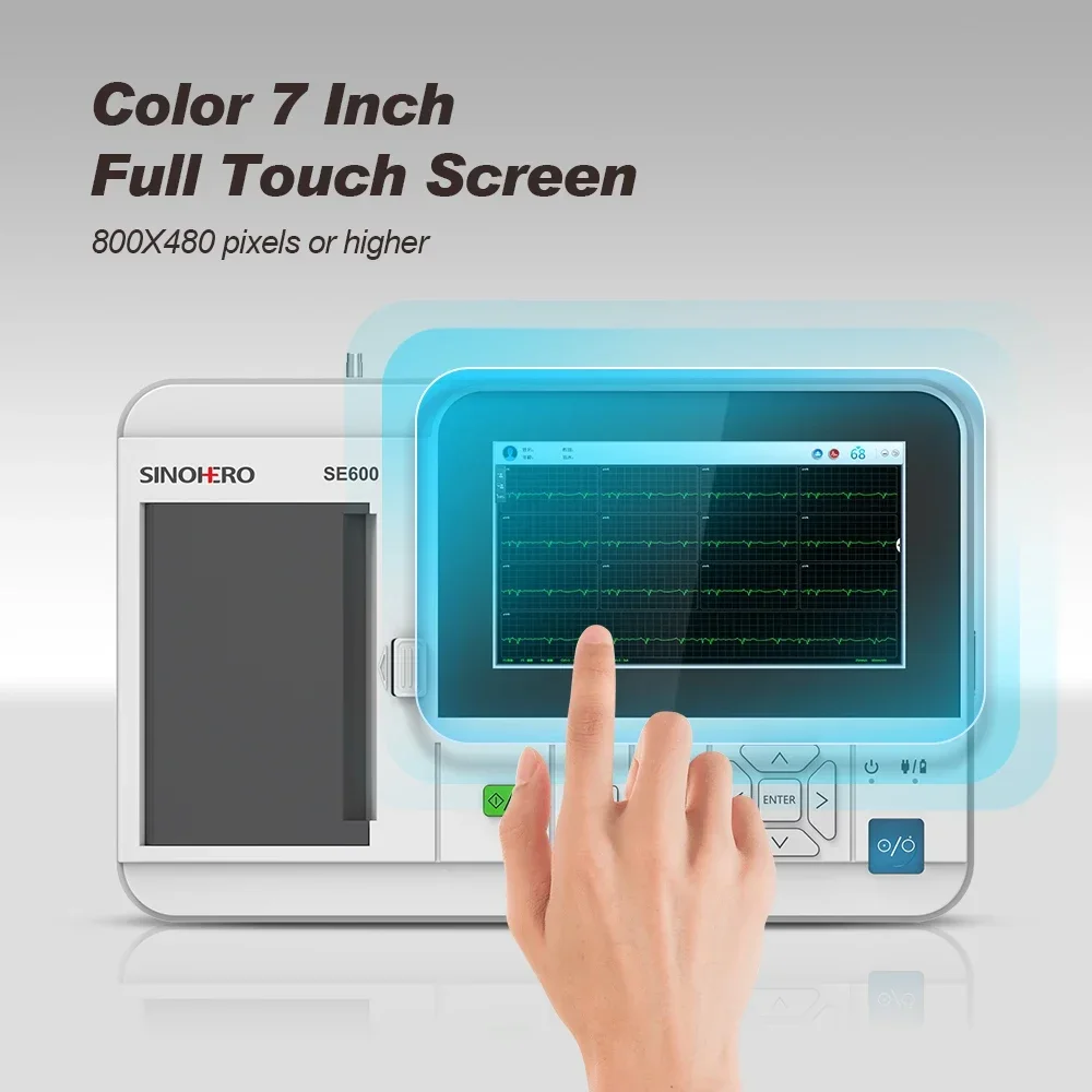 E600 Full Touch 6 Channel Electrocardiograph 12-lead ECG Machine Thermal Printing 7'' LCD Display EKG Cardiac Monitor