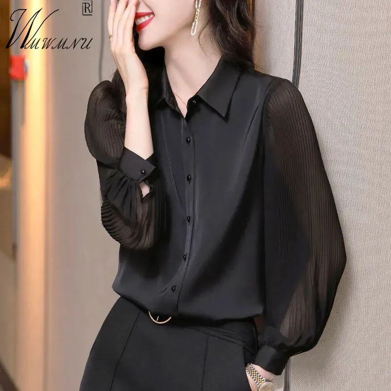 Elegant Chiffon Black Blouses Women Fashion Polo Collar Formal Office Shirt  Ol Style Thin Tops Pleated Long Sleeves Blusas - Women Shirt - AliExpress
