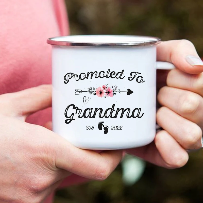 

Promoted To Grandma Print Coffee Mug Drink Milk Juice Cocoa Cups Vintage Enamel Mugs Cup Birthday Mother's Day Grandmother Gifts