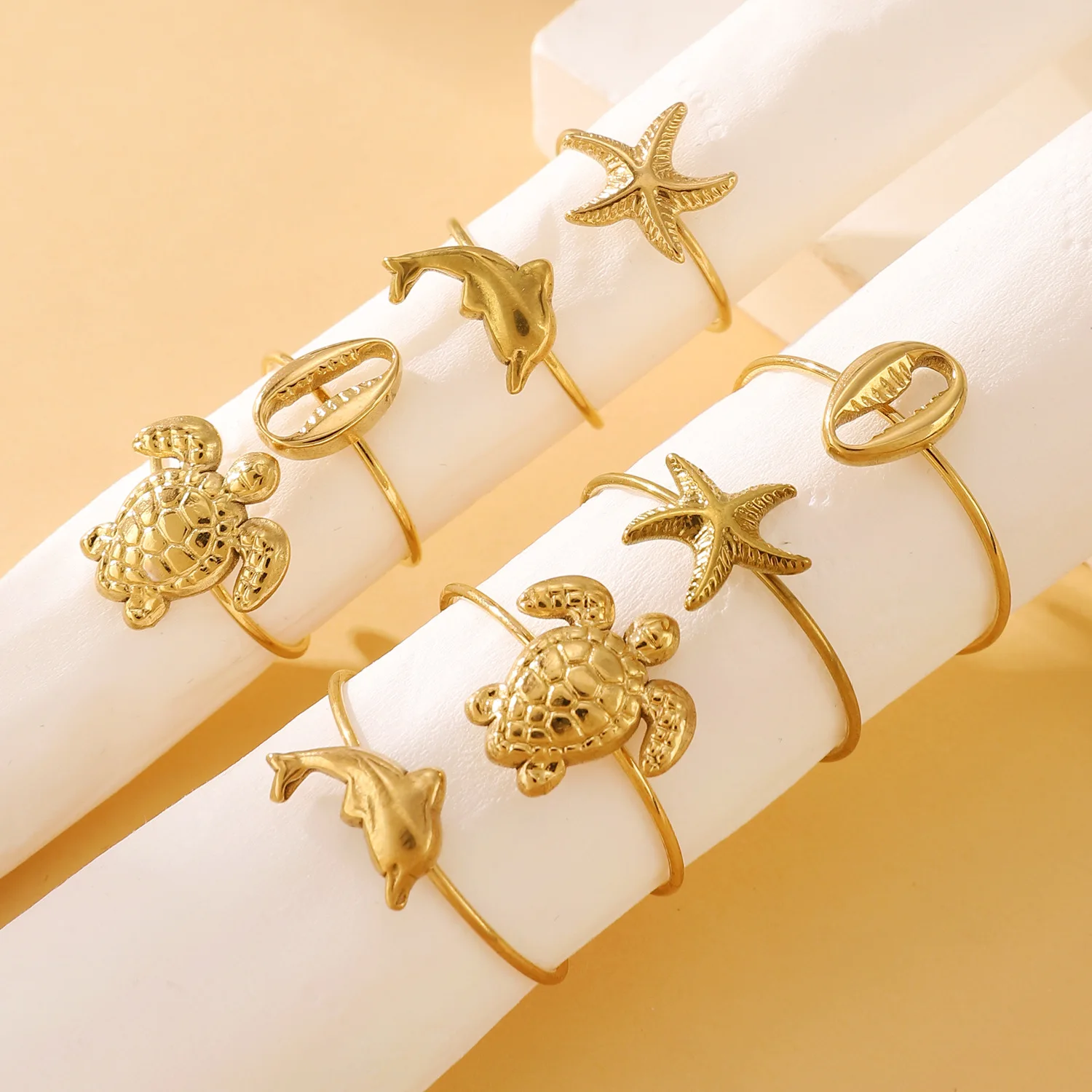 Boho Beach Ocean Animals Toe Open Rings for Women Stainless Steel Turtle Dolphin Flower Cute Big Toe Wear Jewelry Five Toes Ring 5