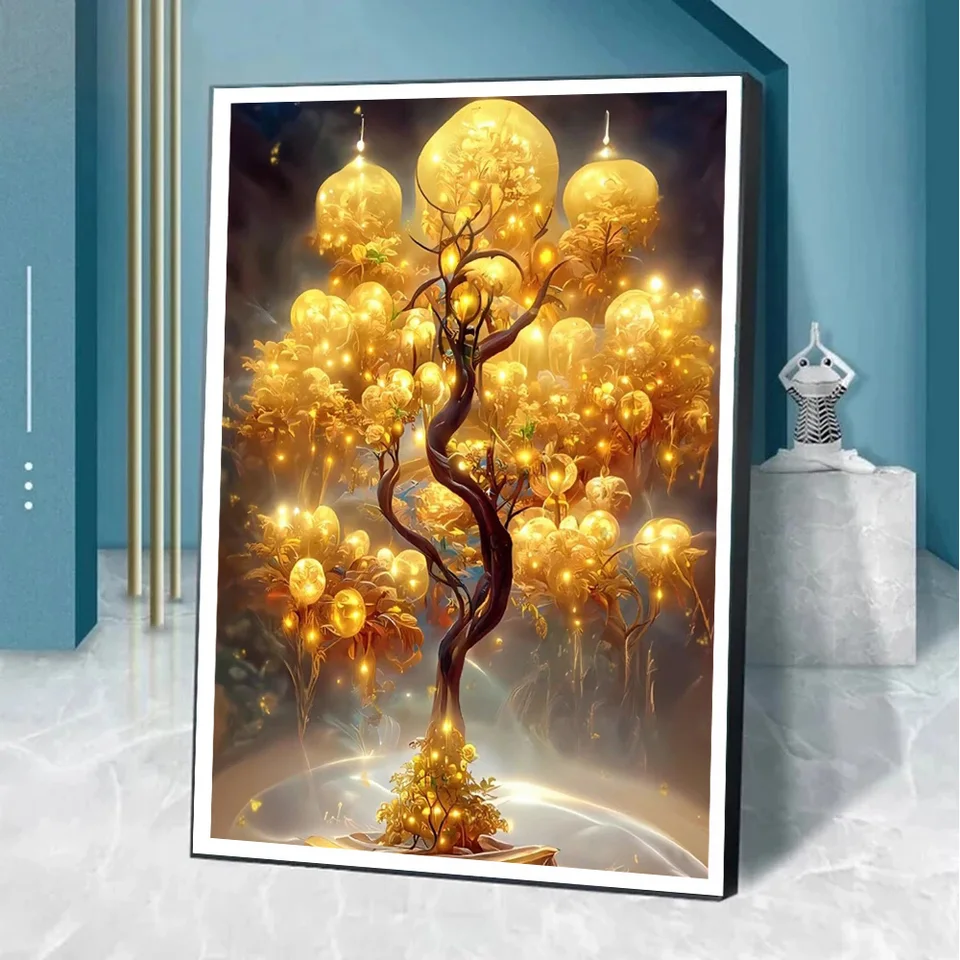 Tableau Toile "Money Tree" Tons Jaunes, Art Déco Paysage, Toile Libre Ou Avec Cadre - Premium
