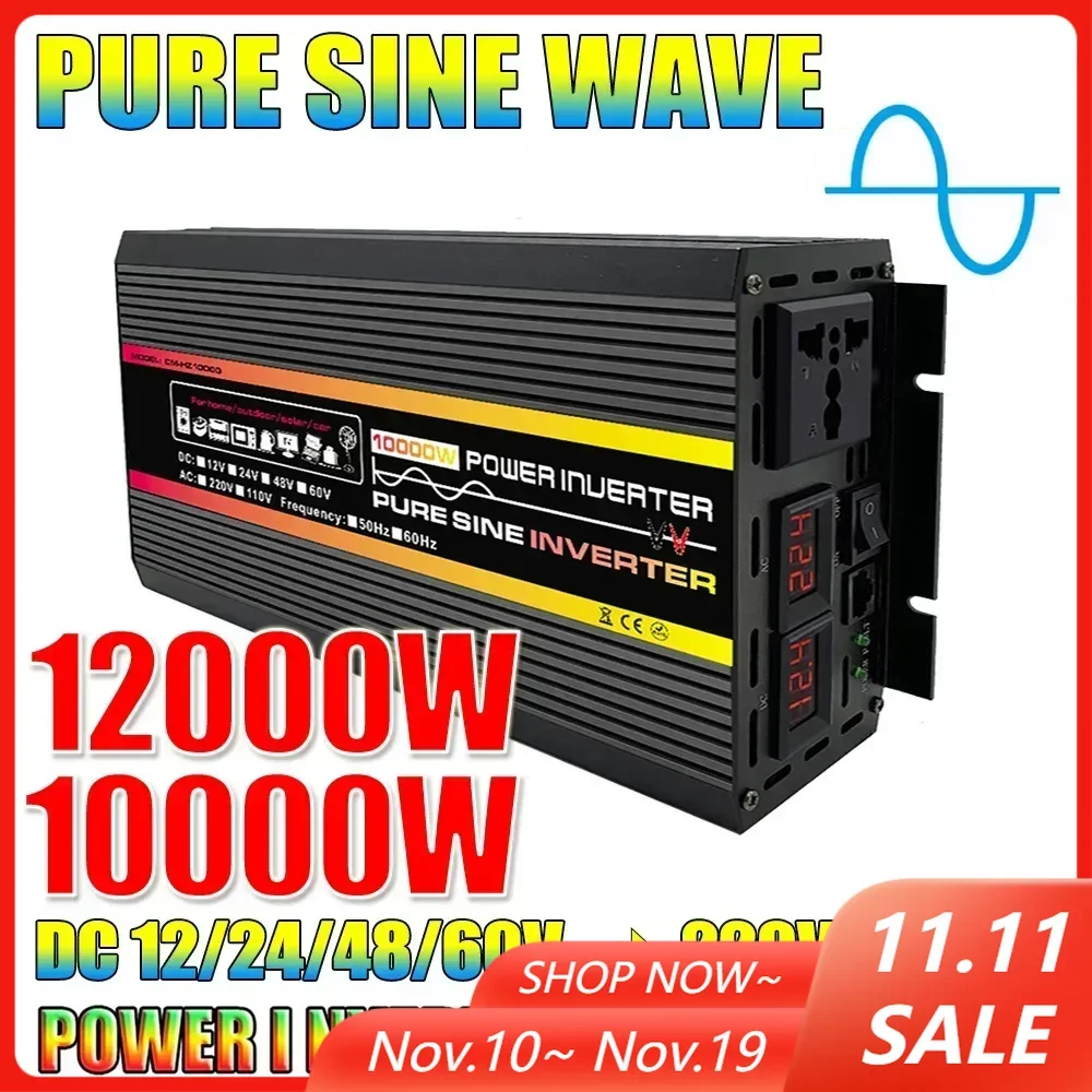 12000 W/10000 W Pure Sine Wave อินเวอร์เตอร์จอแสดงผล LED อินเวอร์เตอร์หม้อแปลงไฟฟ้า 12V 24V 48V 60V ถึง 220V แรงดันไฟฟ้า Converter 1