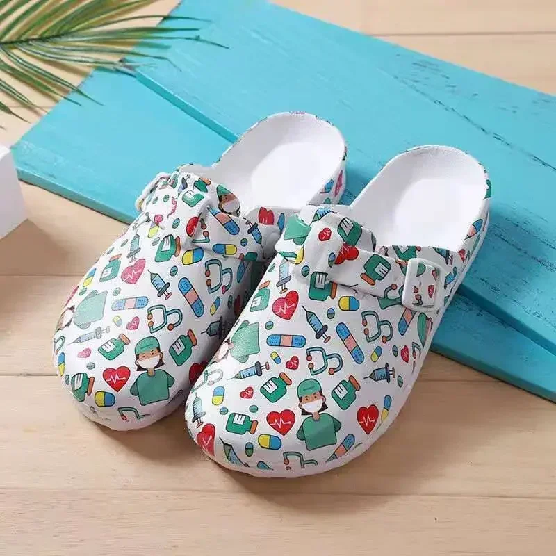 Unisex Nurse Shoes Cute Print Scrubs Shoes Comfortable Doctor Working Wear Hospital Front Buckle Anti Slip Surgical
