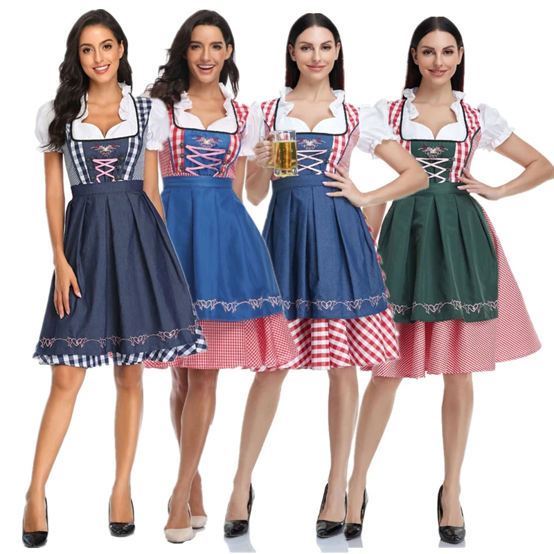 

Traditional Bavarian Oktoberfest Costumes Plaid Dirndl Dresses Women Apron Dress German Beer Wench Maid Cosplay Party Dress
