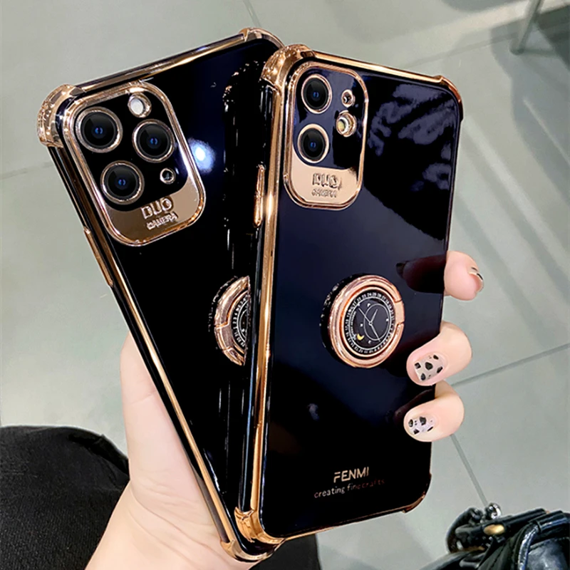 Luxury Black Gold Plating Glitter Case For Iphone 12pro Max 11 Pro Xs Max Xr 7 8 Plus Electroplated Ring Holder Soft Phone Cover Phone Case Covers Aliexpress