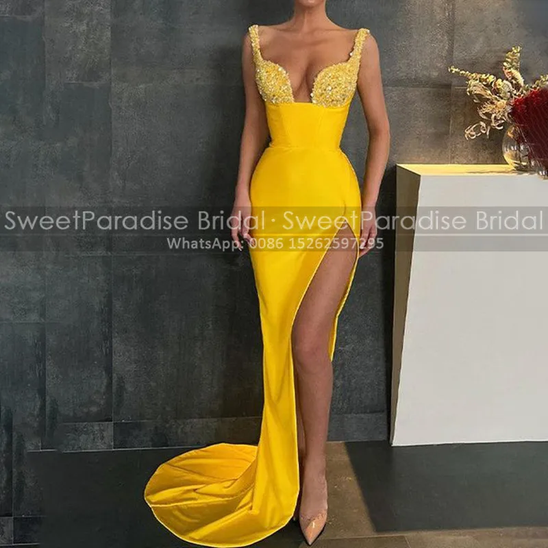 

Sexy High Split Sequins Evening Dress Mermaid Spaghetti Straps Square Neck Gold Yellow Sheath Long Prom Dresses Party