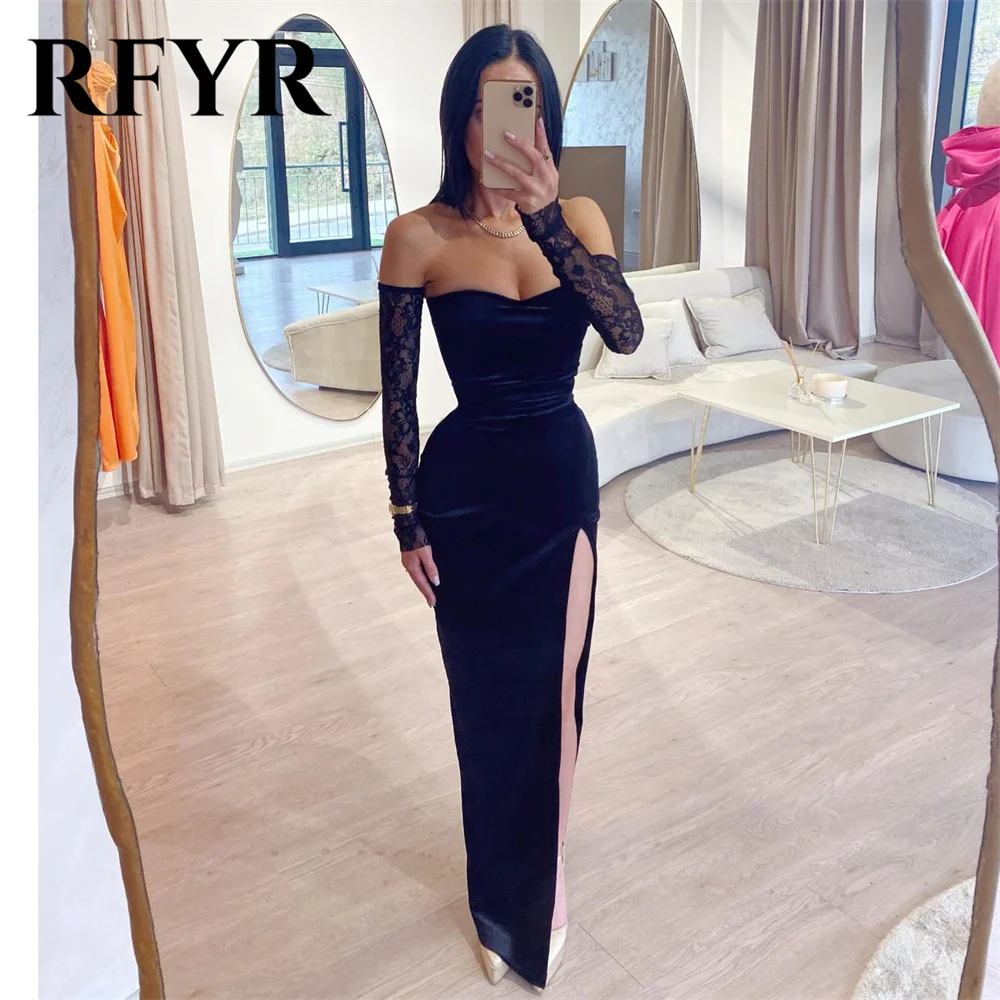 

RFYR Sexy Black Prom Dress Sweetheart Mermaid Evening Dress With Side Slit Lace 3/4 Sleeve Party Dress Floor Length فستان سهرة