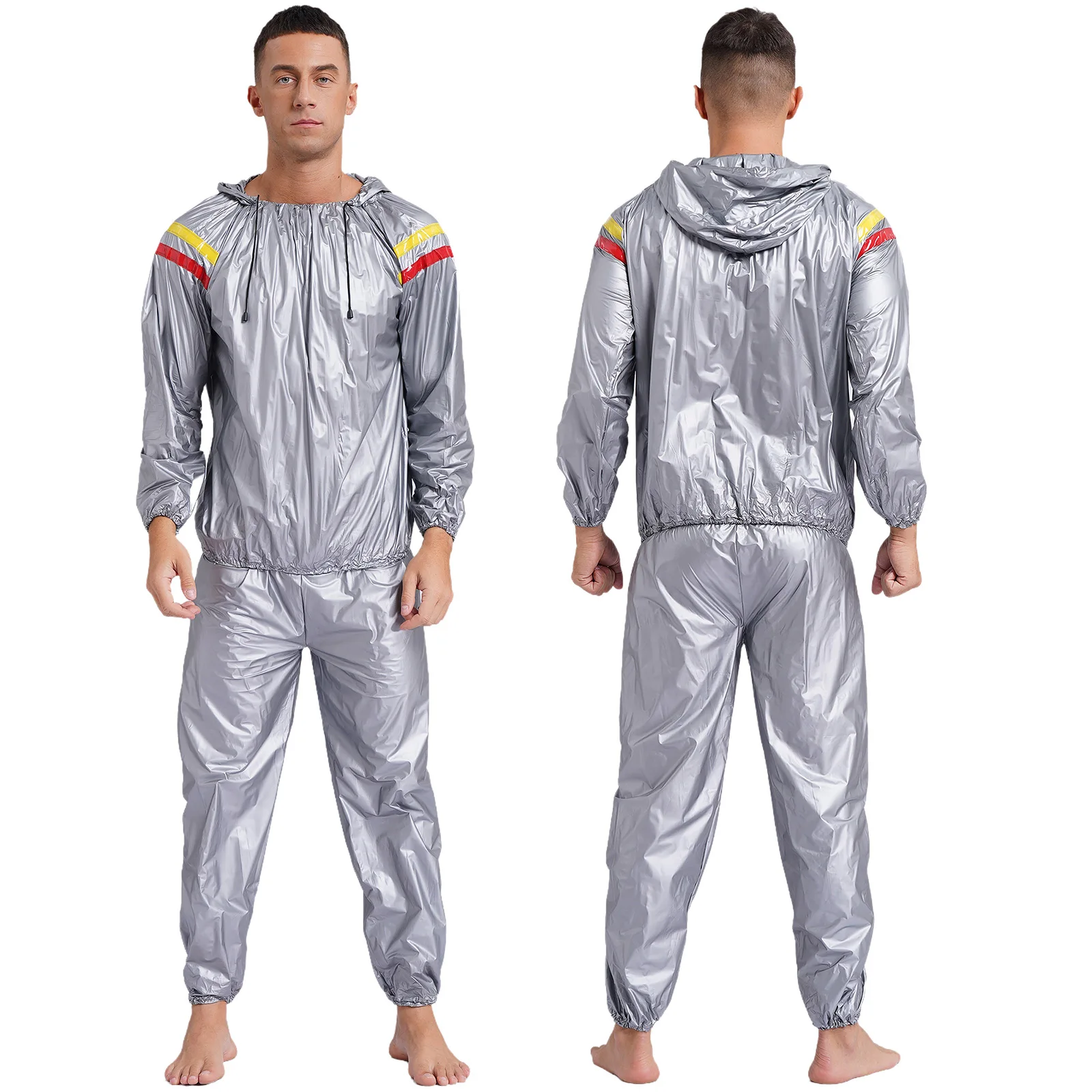 thumbnail image 1 of Traje de sudoración para hombre, chaqueta con capucha de manga larga, ropa de abrigo y pantalones largos de cintura elástica, traje de sudoración de PVC para entrenamiento en gimnasio, 1 of 5
