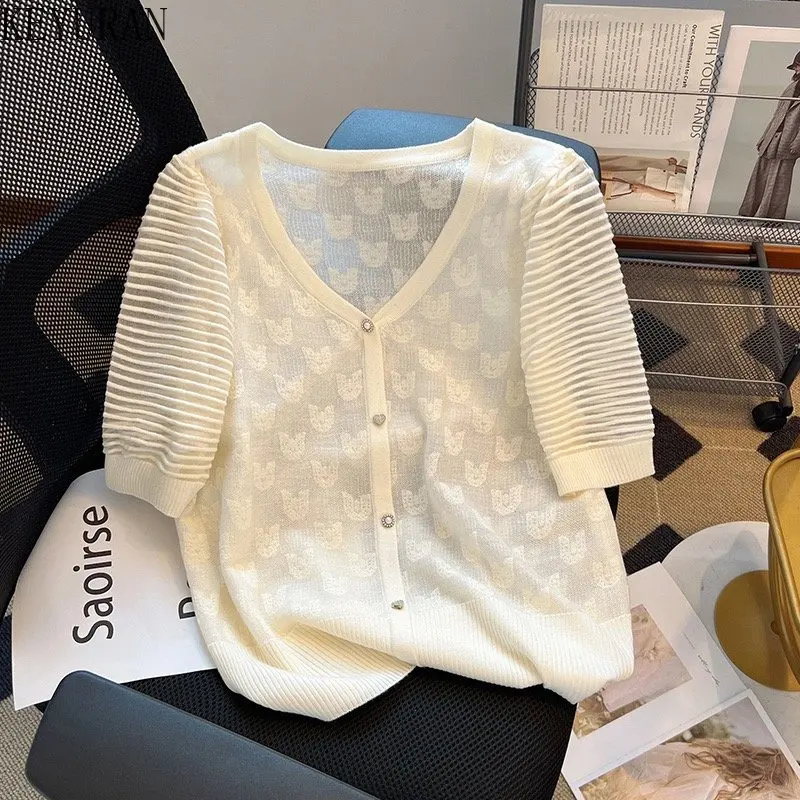 

2023 Summer Knitted Cardigan Women Vintage Fashion V-neck Short Sleeve Single-breasted Sweater Ladies Knitwear Tops Mujer Jumper