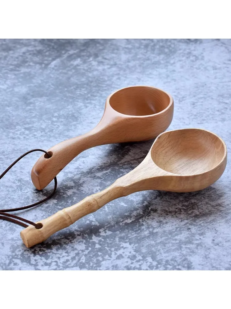 *Beech Scoop Solid Wood Short Handle Rice Scoop Water Bath Sauna Kitchen Bucket Spoon