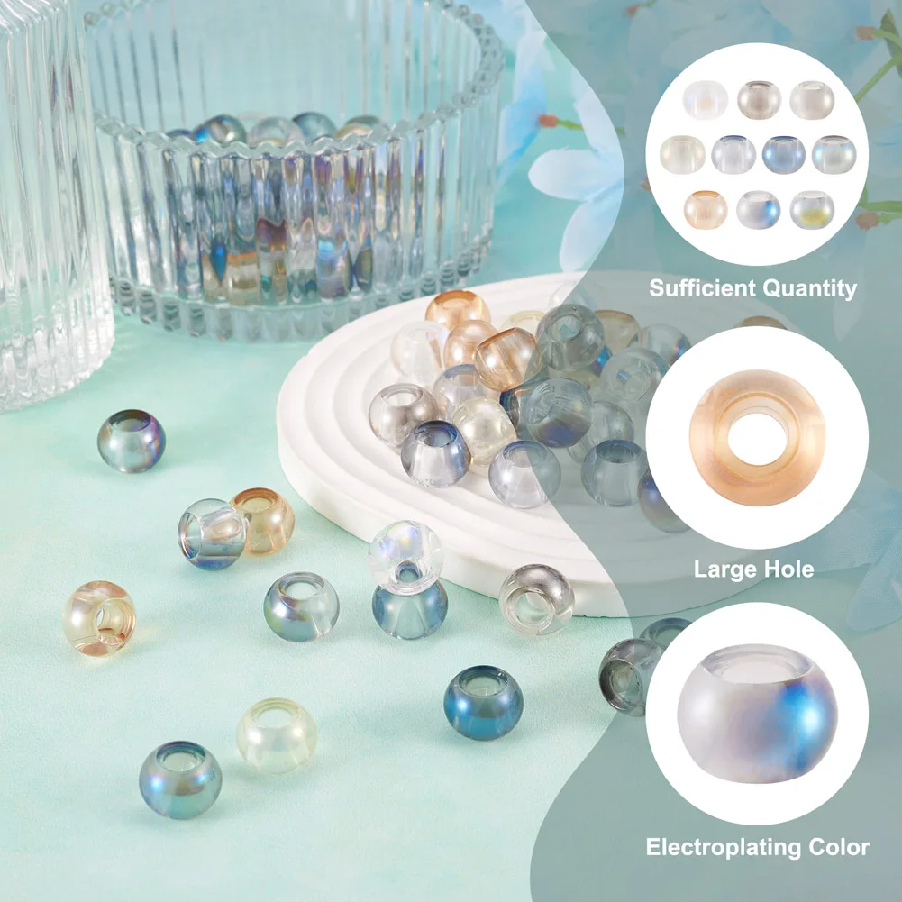 Kissitty 100Pcs Mixed Color Electroplate Transparent Glass European Beads Large Hole Beads For Bracelet Necklace Jewelry Making