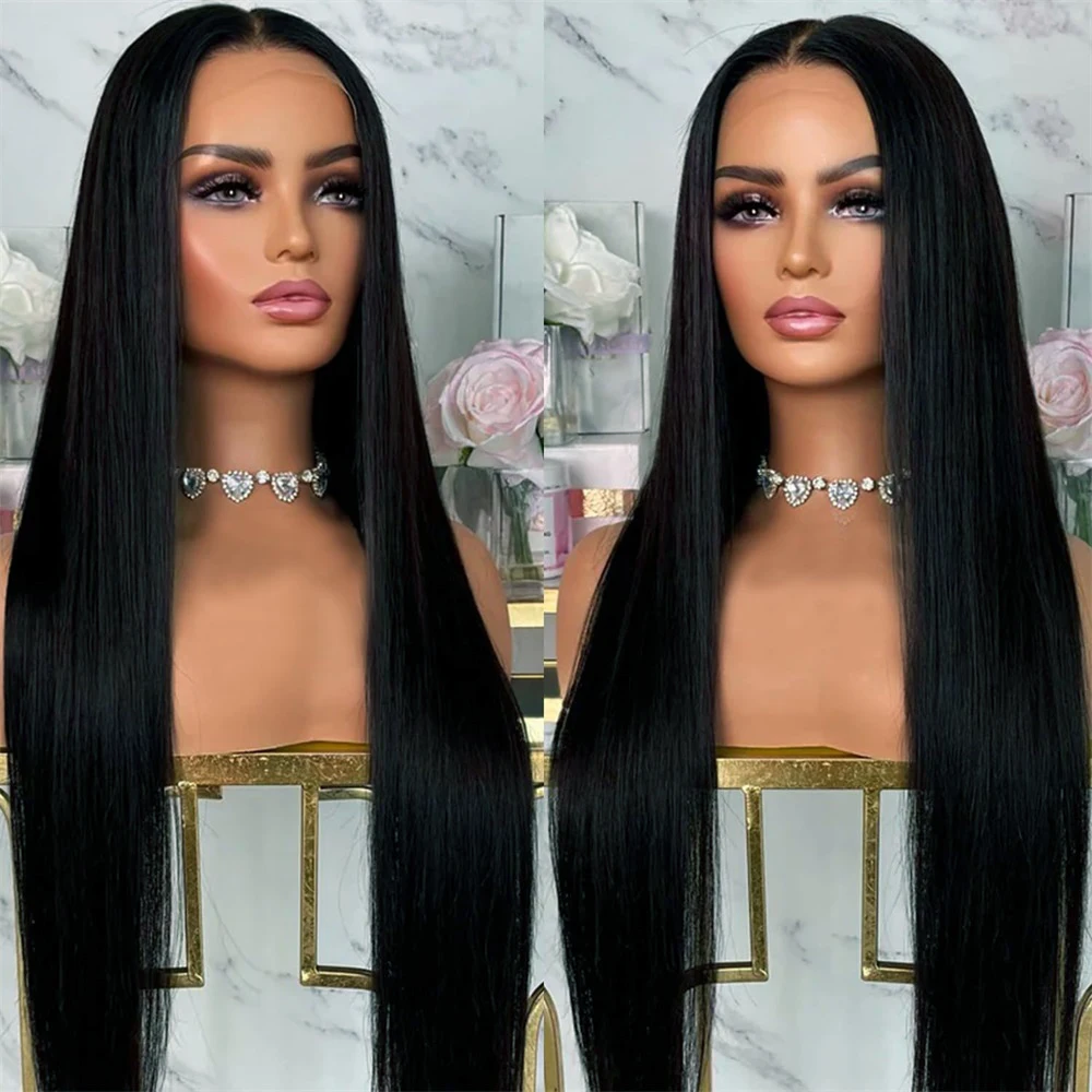 

Natural Black 26 inch Long PrePlucked Glueless Soft 180%Density Deep Silky Straight Lace Front Wigs For Women Babyhair Daily