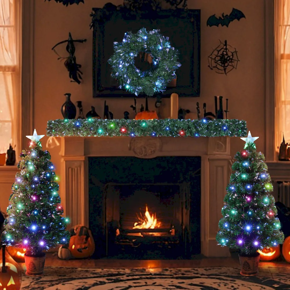 Home Decor Pre-lit Optical Fiber Christmas Artificial Tree 4-Piece Set,Wreath and Set of 2 Entrance Trees with Colorful Lights