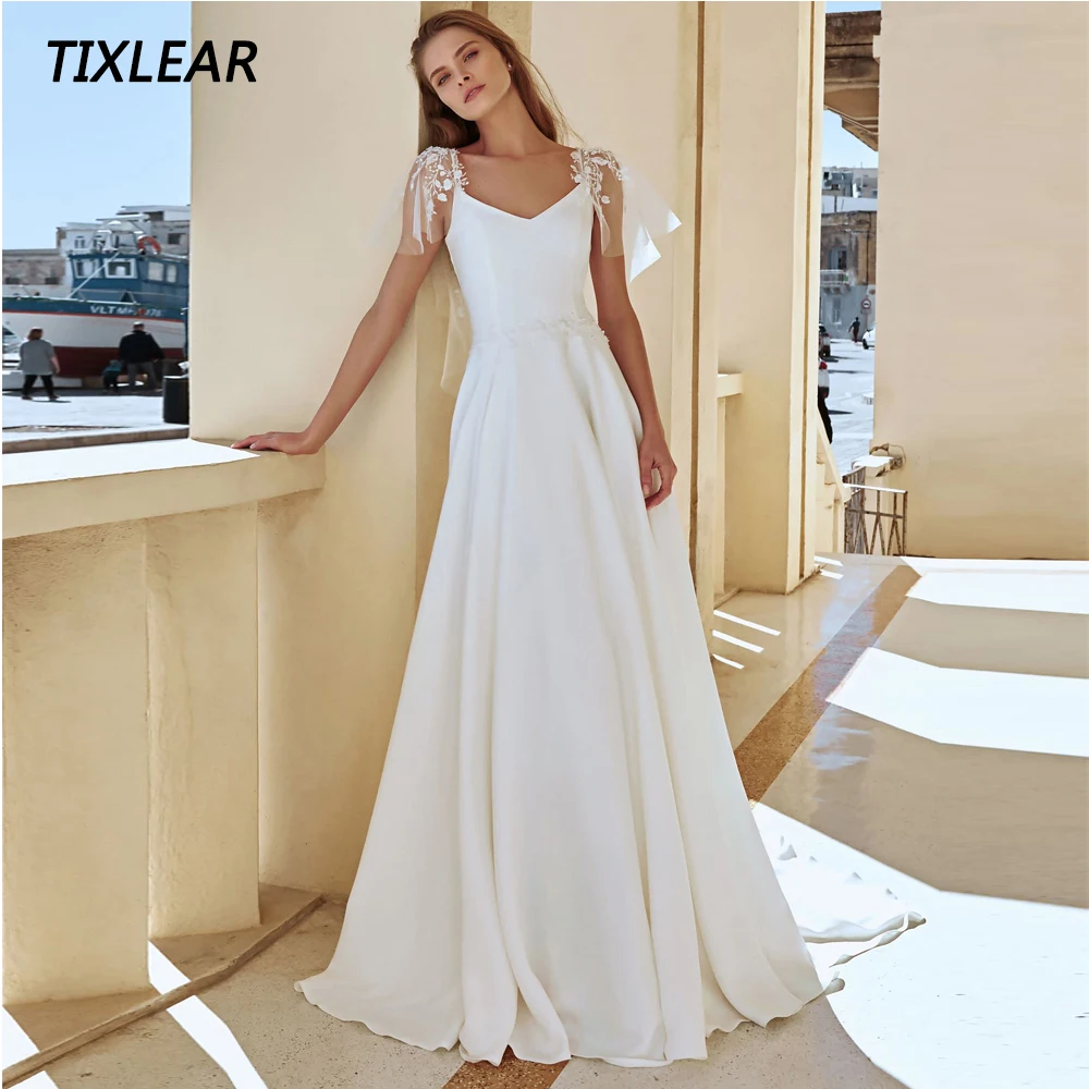 

TIXLEAR Elegant A-Line Wedding Dress V-Neck Lace Appliques Short Sleeves Zipper Back Bridal Gown Floor Length Vestidos De Novia