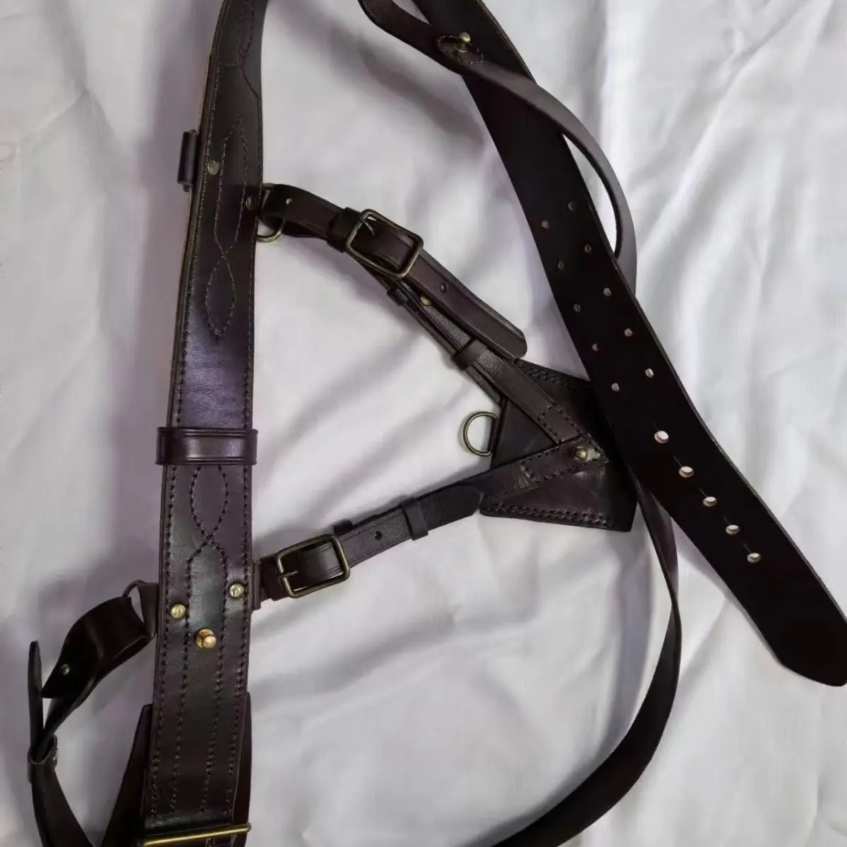 military Sam Browne Belt Shoulder Strap Brown Leather WW1 fit hole size:38-42" inch military belt