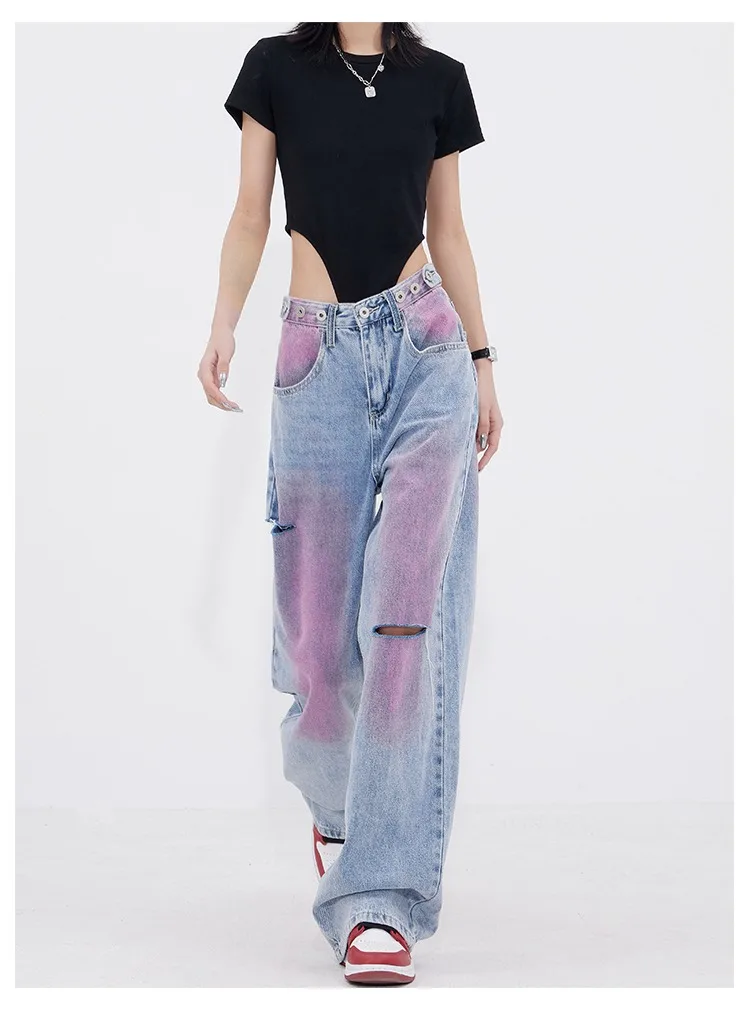 

Retro Y2k Baggy Pants Purple Ripped Jeans Women Streetwear High Waist Gradient Color Fashion Casual Mopping Trousers