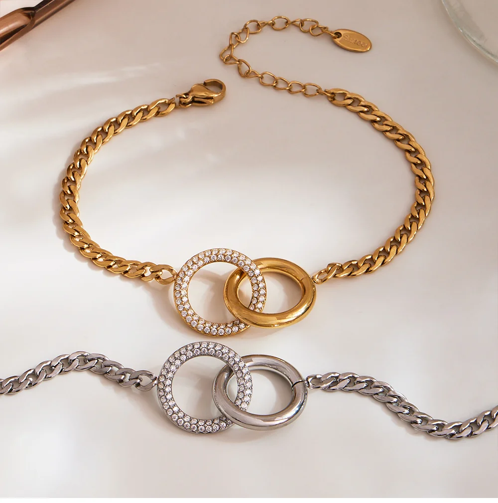 Goldene Silber glänzende Zirkon Doppelring Anhänger Halskette Damen Edelstahl vergoldet Kette Armband Luxus Schmuckset – Detail 12