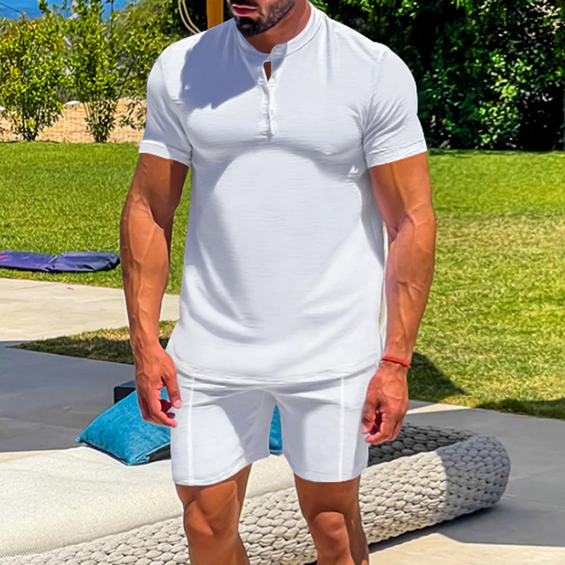 

2023 Foreign Trade Men's Short-Sleeved Shorts Two-Piece Cross-Border Sports Casual Solid Color Henry Clothing Men Suit Wholesale