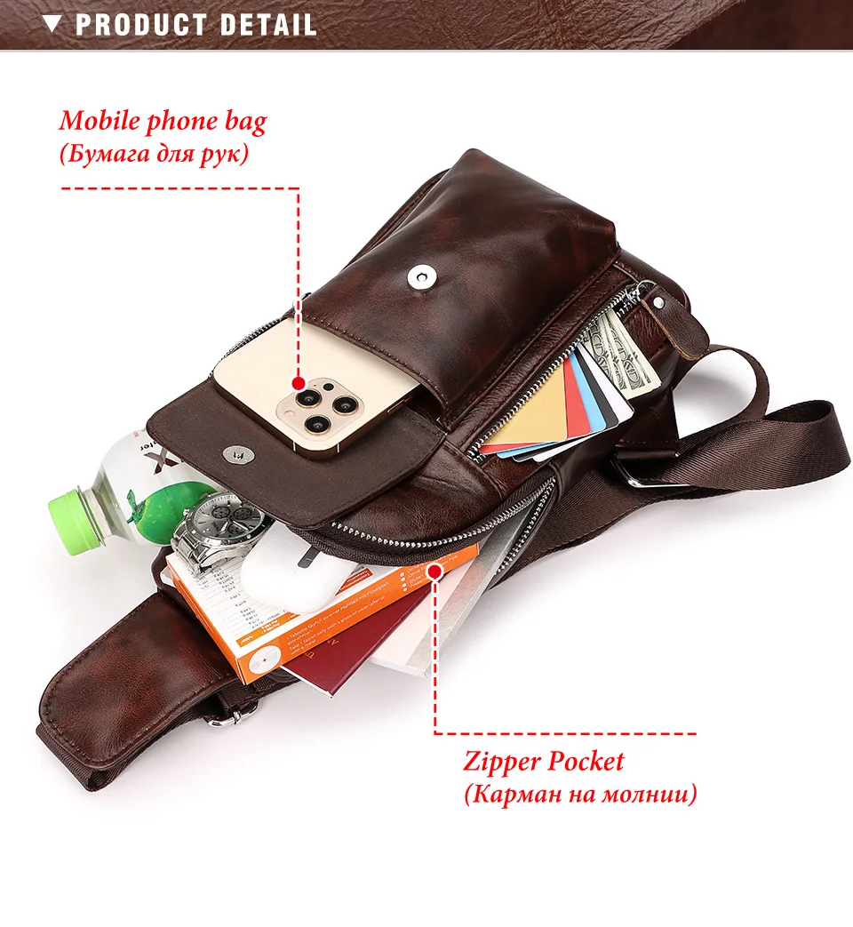 saco de peito dos homens de negócios novos couro genuíno masculino crossbody saco de moda bolsa de ombro de transportar sacos com bolso do telefone