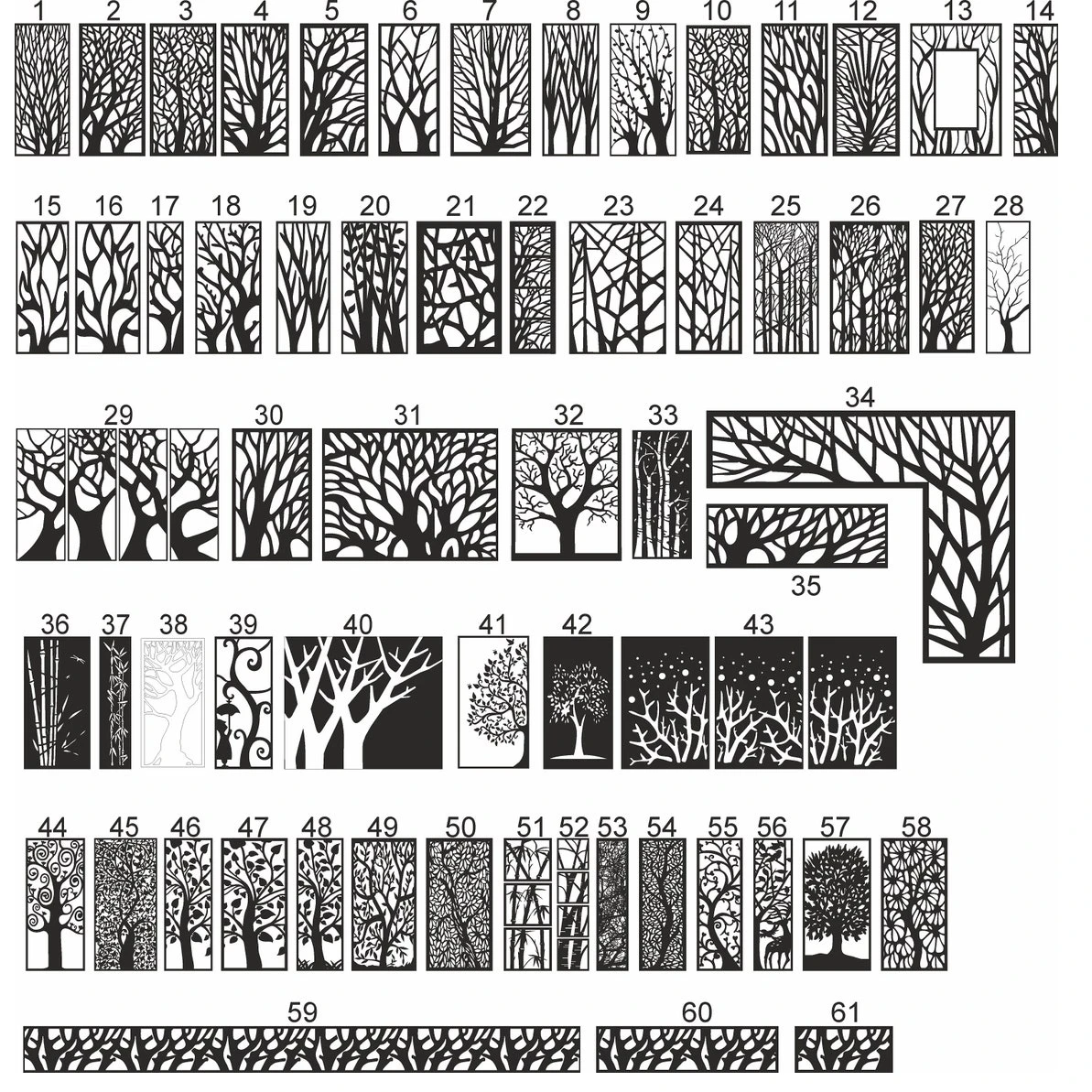 Trees Panels Collection Wall Décor Design Templates DXF, SVG, EPS, CDR Files for Laser/Plasma Cutting and Printing butcher block woodworking bench